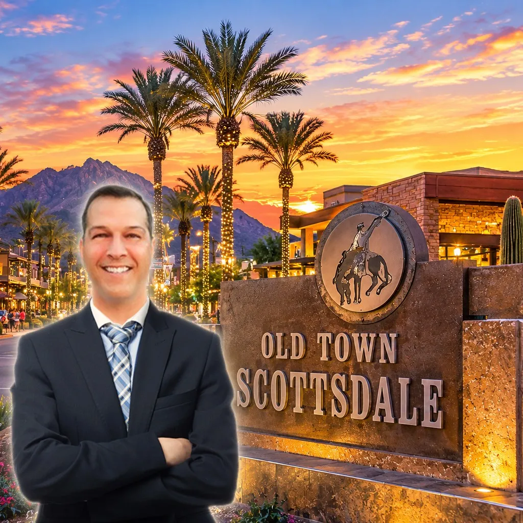William Forsythe, Arizona REALTOR, in front of the Old Town Scottsdale sign at sunset